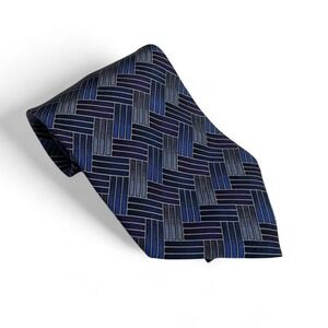 Alexander Julian Silk necktie in blue, black, and grey with a geometric pattern.
